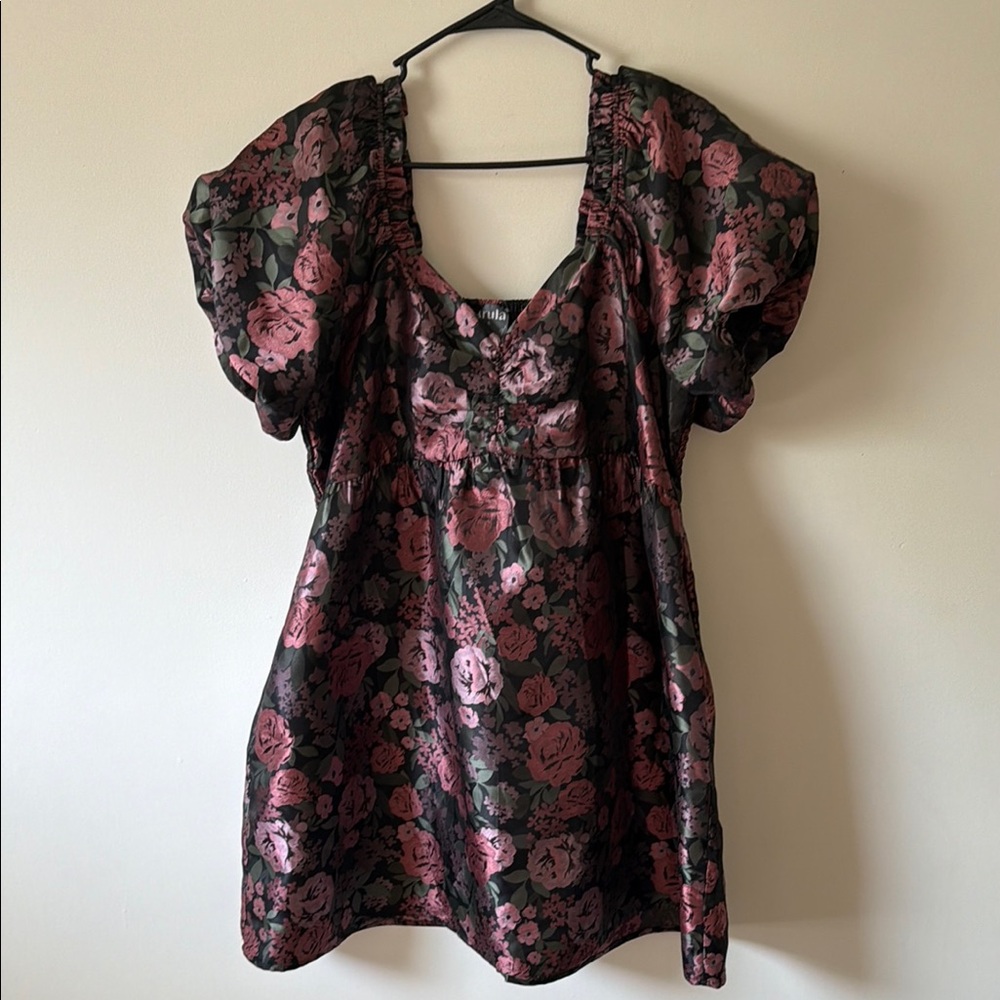ARULA Black Satin Mini Dress with Rose Pink Floral Print